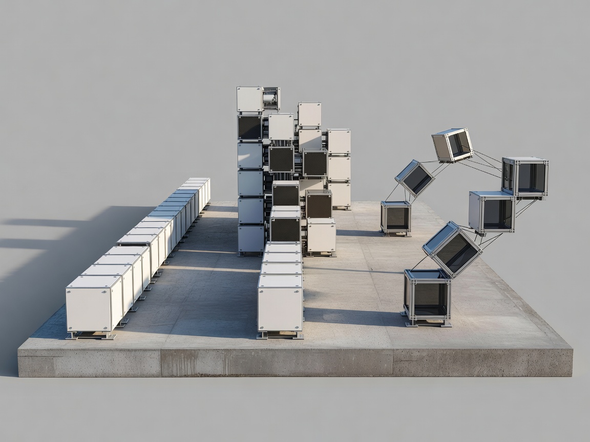 Modular structures arranged to show different paths for extending a shared foundation