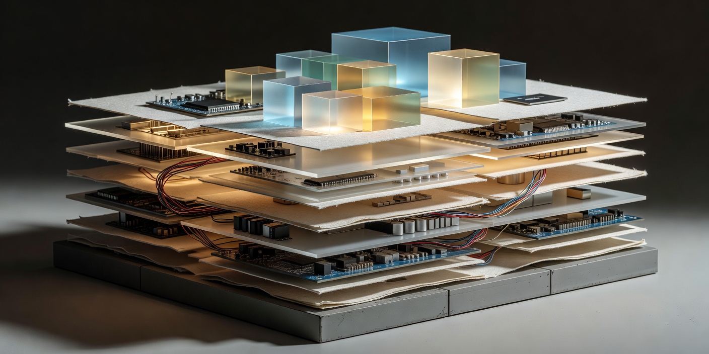 Stacked sheets and modular components arranged to represent the layers of delivering an AI service