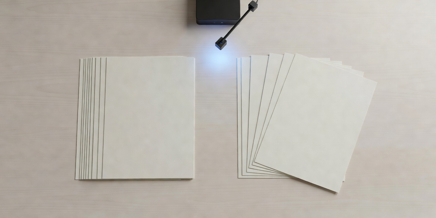 Two groups of plain documents positioned for comparison on an uncluttered desk