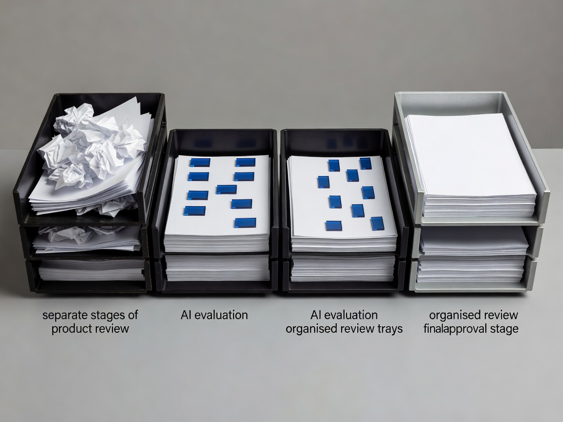Unlabelled document trays arranged to suggest separate stages of product review