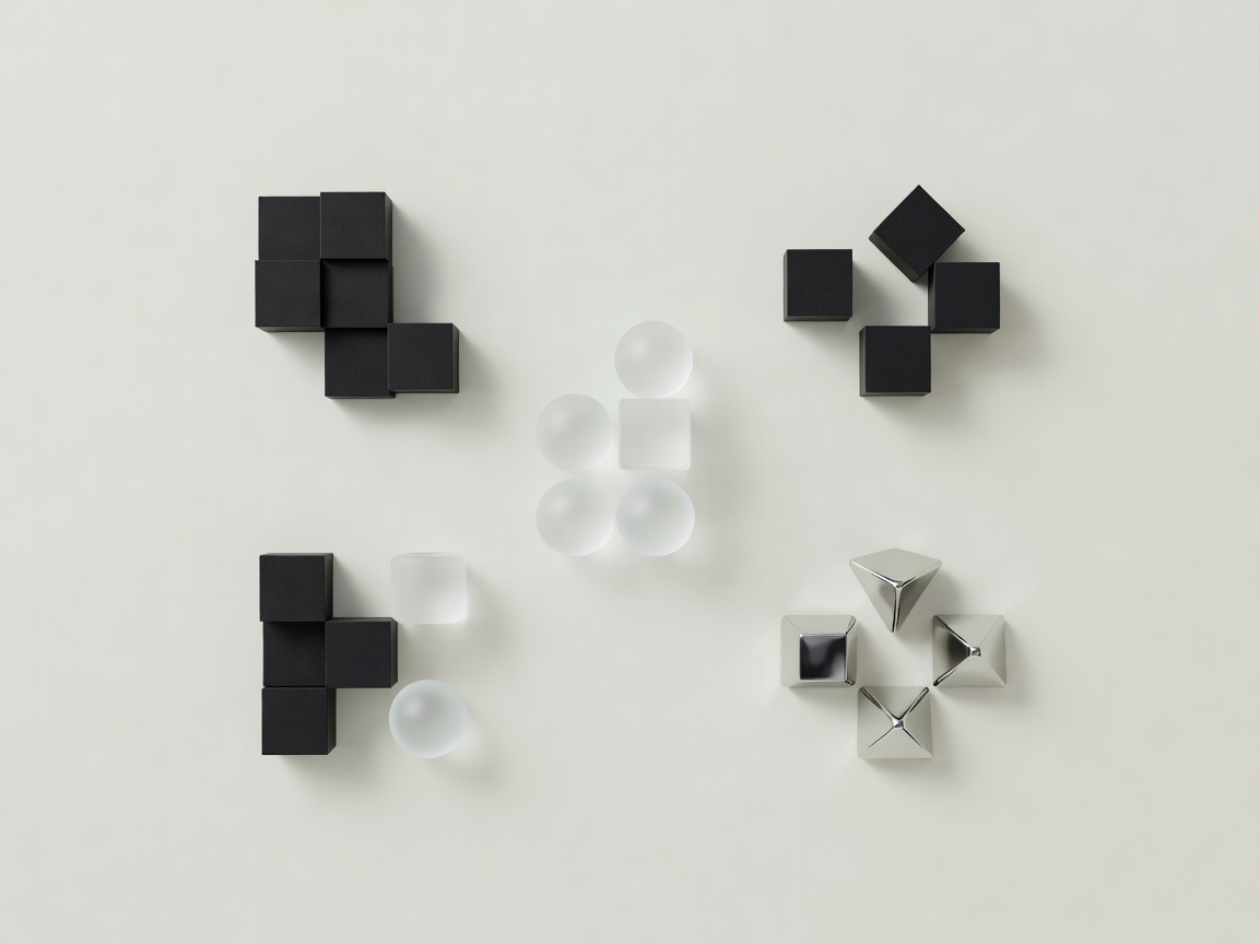 Distinct geometric forms separated into clear groups on a pale surface
