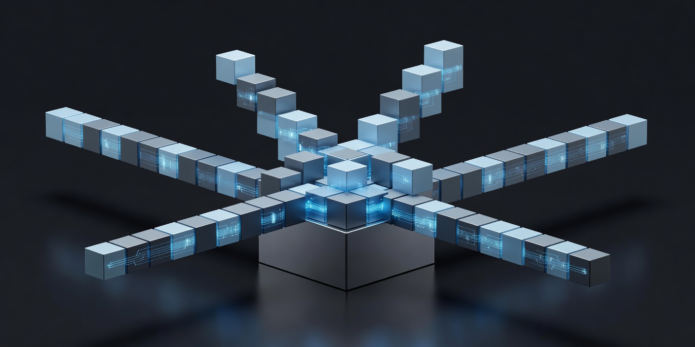 Modular blocks extending from a shared base in several orderly directions