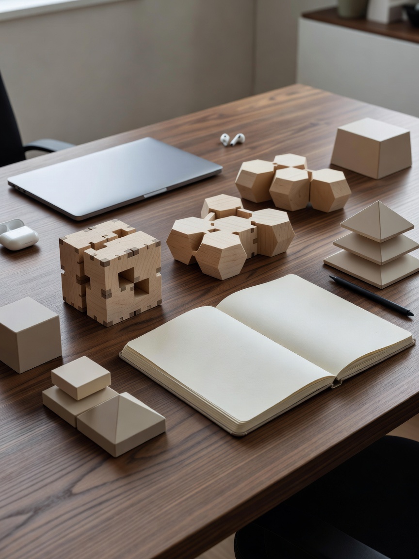 Unbranded geometric models and a blank notebook arranged on a quiet strategy workspace