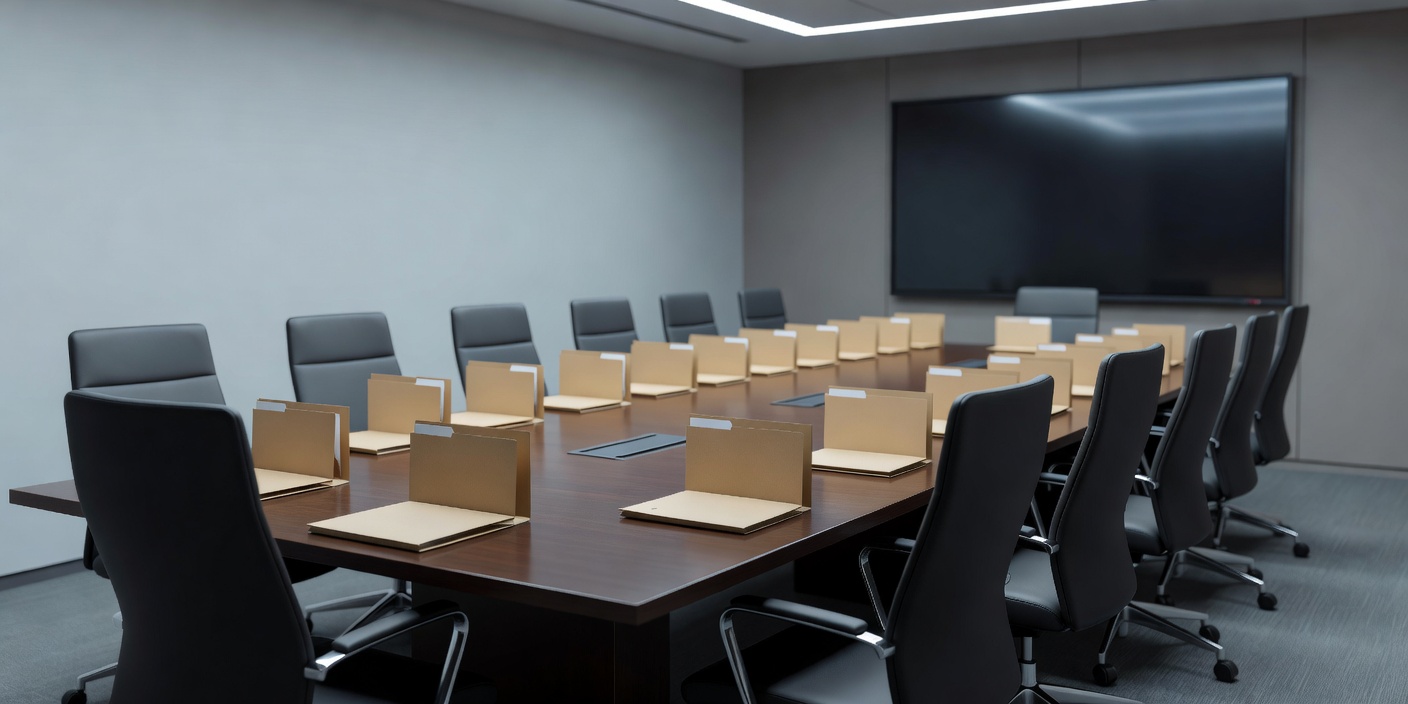 Unoccupied meeting room with plain folders arranged around a long table