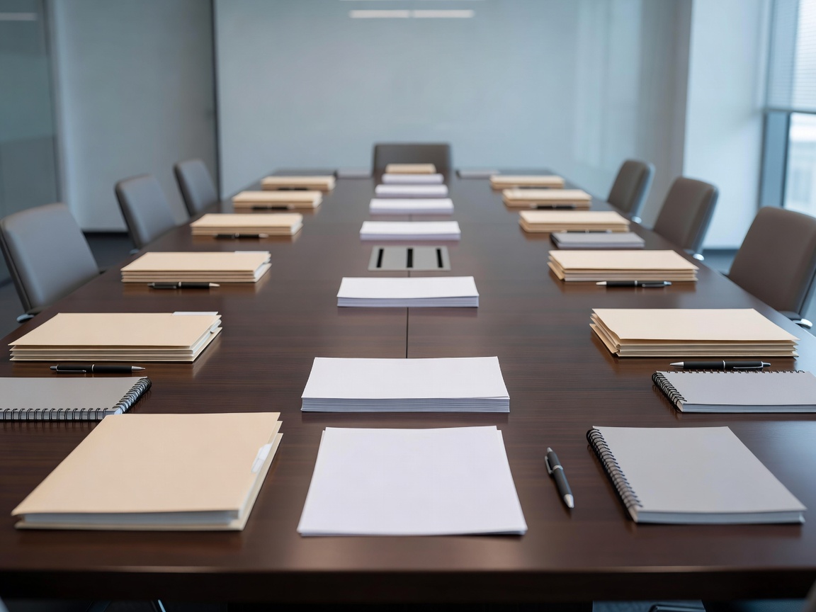 Empty meeting table with plain folders and unbranded stationery